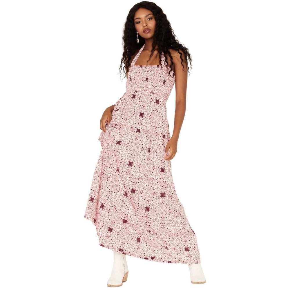 Ariat Dress Womens Large Red Bandana Paisley Smocked Halter Maxi Boho Rayon